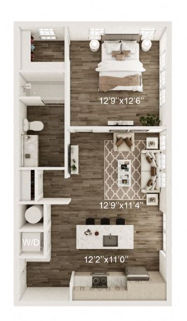 Floor plan for 1 bed, 1 bath, 722 sqft